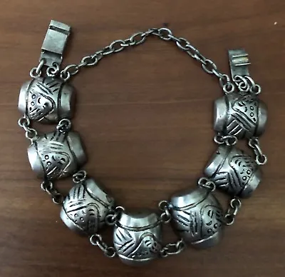 Heavy Mexican Coin Silver (720) Drum Motif Bracelet With Safety Chain • $149.99