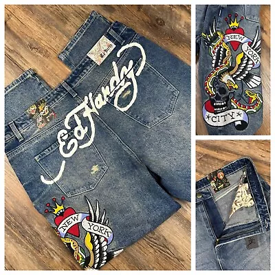 NWT Ed Hardy Denim Jeans New York City Eagle Skull Patch Men’s 38 Distressed Y2K • $69.77