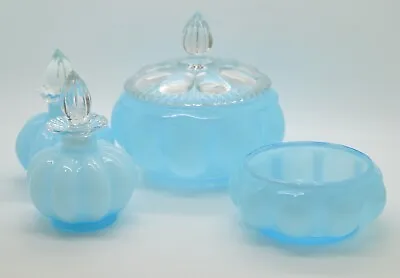 Antique Fenton Vanity Dresser Set Light Blue Melon Perfume Bottles Box Jar • $99.99