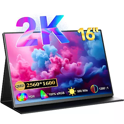 16'' 2K Portable Monitor 2560x1600 Dual Type-C USB HDMI Gaming Screen Speakers • £129
