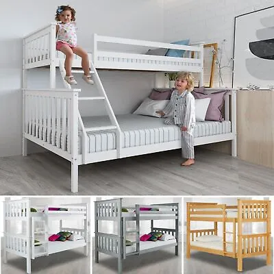 £239.95 • Buy Double Bunk Beds Triple Sleeper Kids Pine Wooden Children Bed Frame With Stairs