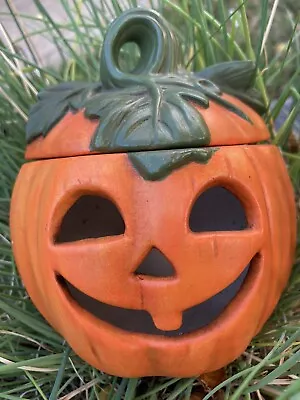 Vintage Ceramic Pumpkin Jack-O-Lantern Halloween JOL Small Open Top Lid • $12.92