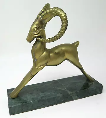 Ibex Curved Horn Brass African Green Marble Base Vintage  • $49.95