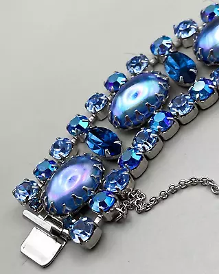 Vintage Blue Peacock Cabochon Bright Link Bracelet Probably Schreiner Or Regency • $155