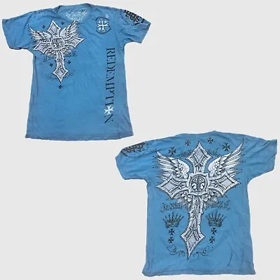 Y2k Raw State Redemption Shirt Cross Wings Tattoo Mall Goth MMA Blue Mens Medium • $26.78