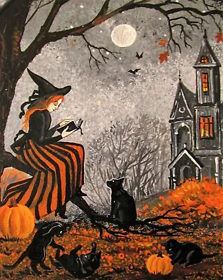 8x10 PRINT OF PAINTING RYTA HALLOWEEN WITCH BLACK CAT VINTAGE STYLE FOLK ART • $11.99