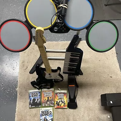 $359.99 • Buy Xbox 360 Rock Band Bundle W/ Drums, Guitar, Microphone, 4 Games And Keyboard