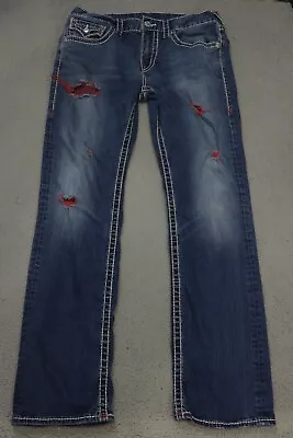 True Religion Jeans Men's Size 33 World Tour Blue Think Stitching Distressed • $58.88