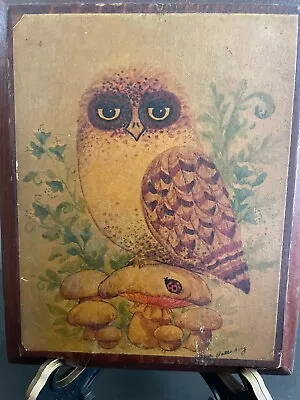 Vintage Owl Mushrooms Ladybug Decoupage Wooden Wall Plaque Signed Print Small • $10