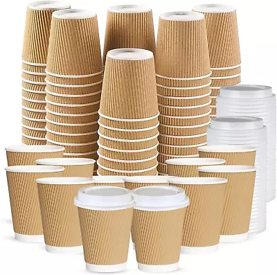 Chef Royale 100 X 12Oz Disposable Coffee Cups With Lids - Takeaway Paper Cups Fo • £19.64