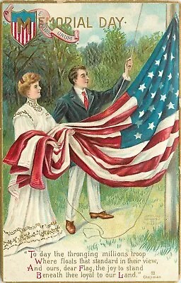 IAPC Embossed Memorial Day Postcard Couple Raises American Flag Together • $22.99