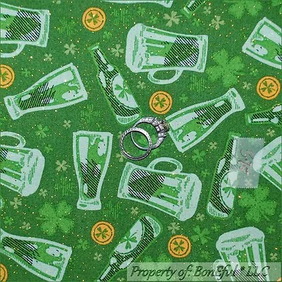 BonEful Fabric FQ Cotton Green Gold Glitter St Patrick Day Clover Irish Beer Dot • $9.12