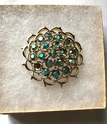 Vintage Sarah Coventry Brooch Pendant AB Rhinestone Gold Tone Lime Light • $13