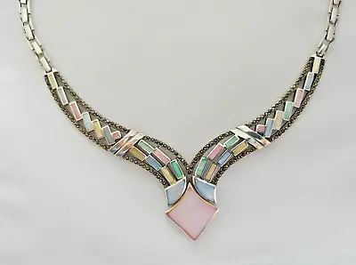 Vintage Mother Pearl Necklace Silver Sterling Pendant 925 Marcasite Abalone Shel • $240