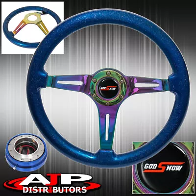 Metallic Blue Wood Neo Chrome Center Steering Wheel + Slim Blue Quick Release • $83.99