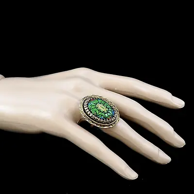 Vintage 60's Moroccan Matrix Mosaic Molded Glass Cocktail Ring Green Adjustable • $17