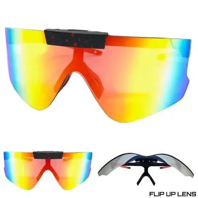 OVERSIZED Retro SPORTY WRAP AROUND Cycling Shield SUN GLASSES Gold Flip Up Lens • $14.99