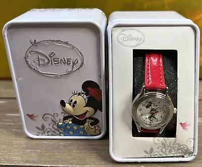 Disney Minnie Mouse Women's Watch Red Faux Leather Wristband Storage Tin • $14