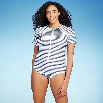 Women's Striped Short Sleeve Full Coverage Rash Guard One Piece Swimsuit - Kona • $7.99