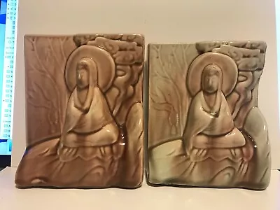 Vintage Art Pottery Bookends Made In USA Asian Buddha Chinese Design • $20