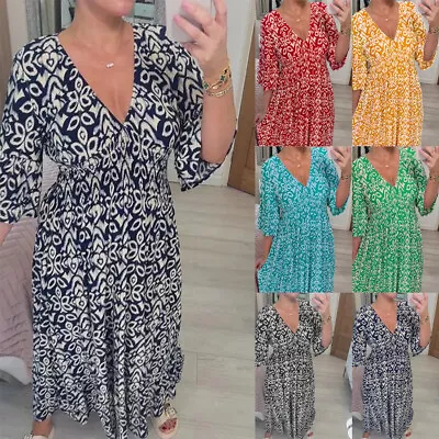 Womens Summer Maxi Dresses Plus Size V Neck Floral Seaside Holiday Casual Loose • £10.55