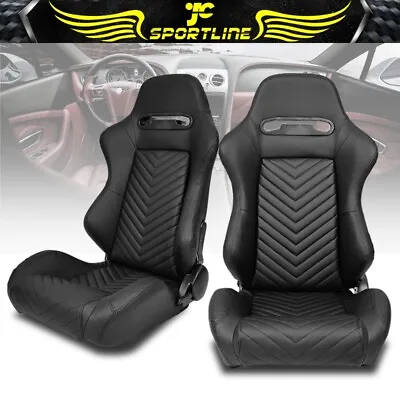 Universal Pair Reclinable Racing Seats + Dual Sliders Black PU Leather V Stitch • $348.99
