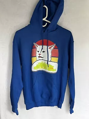 Cat From “Woman Yells At Cat” Meme Graphic Hoodie Blue Small • $22.90