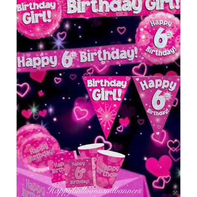 £4.50 • Buy Pink 6th Birthday Decorations Buntings Banners Balloons Napkins Table Decoration
