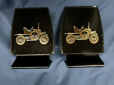 3419M Vtg SEKISEI JAPAN Book Ends Black Leatherette W/Gold Etched Cars VGVC • £47.76