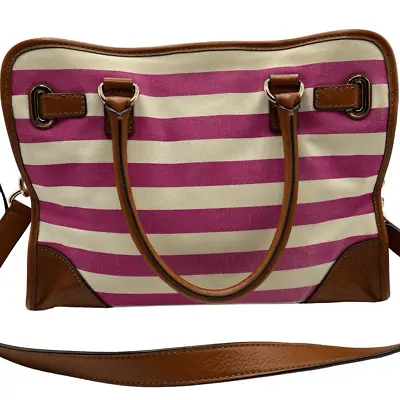 Michael Kors Hamilton Pink Stripe Brown Leather Shoulder Crossbody Tote Bag • $58