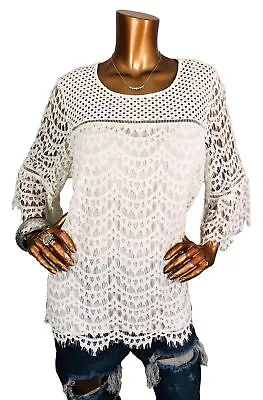 Rose + Olive 1X Plus Top Full Lace Lined Blouse 3/4 Bell Slvs Blouse Ivory White • £18.31
