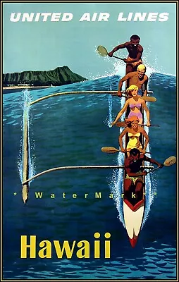 Hawaii 1960 United Vintage Poster Print Travel Airlines Outrigger Canoe • $21.58