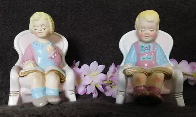 Vintage 2 Ceramic Children's Bookends Boy And Girl Reading Book Baby Room Décor. • £29.02