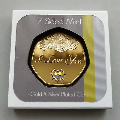 'I Love You' Gold Plated Coin + Crystal - Gift / Valentines Rose • £9.99