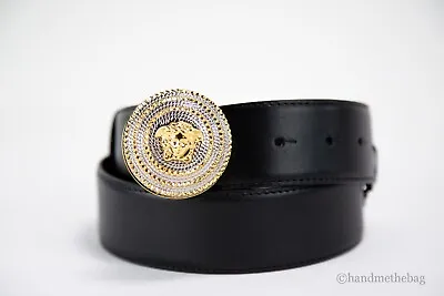 Versace Smooth Calf Leather Round Ridged Medusa Emblem Buckle Adjustable Belt • $269