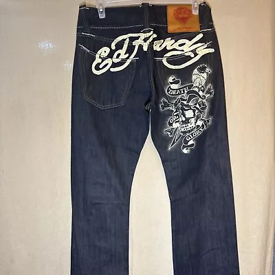 Ed Hardy Jeans Denim Death Or Glory Eagle Skull Embroidered Distressed W33 Y2K • $77.77
