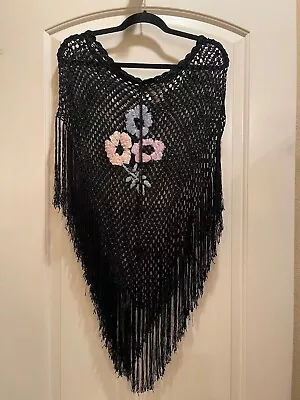 MKM Designs Women's Black Crochet Poncho With Flower Embroidery And Fringe OS • $35