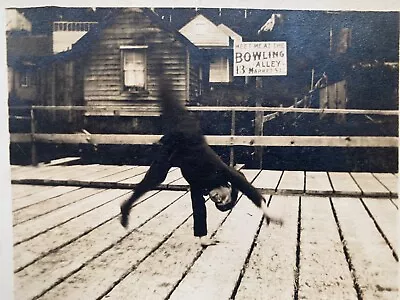 C1910 BOY CARTWHEEL + BOWLING ALLEY AD SIGN ! AMERICANA PHOTO POSTCARD ANTIQUE ! • $7.99