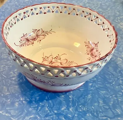 Hand Painted Floral Ceramic Bowl Pierced Heart Cutouts PORTUGAL RCCL Vintage • $15