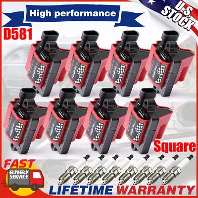 Set Of 8 Square Ignition Coil + Spark Plug For CADILLAC ESCALADE CHEVY GMC D581 • $149.99