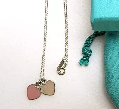 Tiffany & Co. Return To Mini Double Heart Pendant Necklace Enamel Pink W/BOX Bag • $281.30