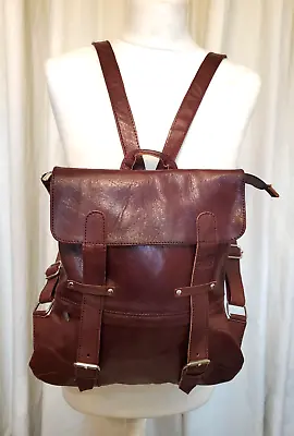 Spanish Oxblood Tan REAL LEATHER Backpack Bag Medium Unisex Smart Slimline • £34.95