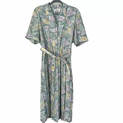 Vintage 70s Florentine Petites Midi Floral Belted Dress Pleated Skirt Size 12 • $26