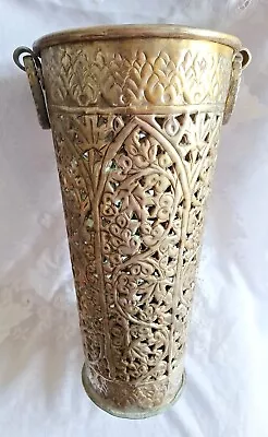 Vintage Heavy Solid Brass Umbrella Stand Cane Holder Two Handles 15.5 Hx7.25W • $115.85