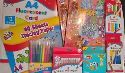 Kids Colouring Books Pens Crayons Card Paper Scissors Beads Silly Straws. • £5