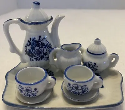 Miniature Porcelain Tea Set Blue And White Floral Doll House Furniture • $17.95