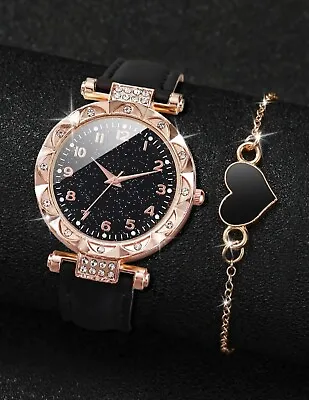 2pcs Women Rhinestone Round Watch With Heart Charm Bracelet Casual Party Etc • £4.99