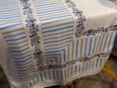 Vintage Tablecloth Soft Medium Weight Cotton Floral With Stripes Blues • $12