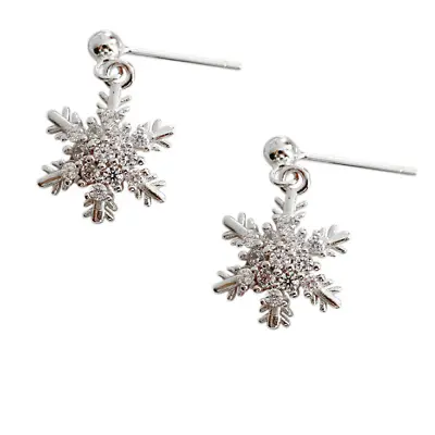 $12.95 • Buy 925 Sterling Silver Snowflake Cubic Zirconia Dangle Stud Earrings Gift Box PE36