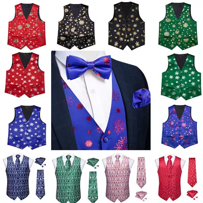 Merry Christmas Mens Silk Vest Red Blue Green Tie Hanky Set Tuxedo Vest Suit Wai • $19.99